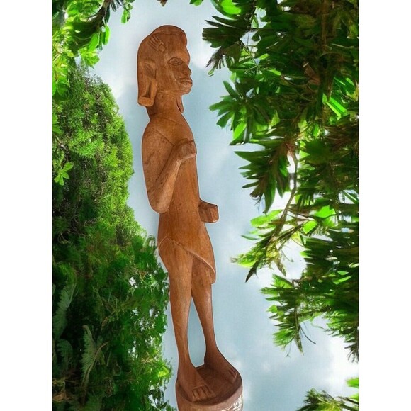 Vintage Hand Carved Statue Figurine 18" Man Wood African Tribal Hunter Kenya - Picture 3 of 8